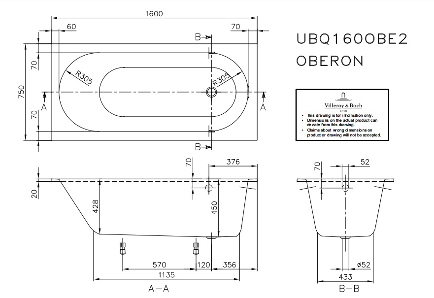 Квариловая ванна Oberon 160х75 см, ярко-белый, Villeroy&Boch UBQ160OBE2V-96  купить в Москве