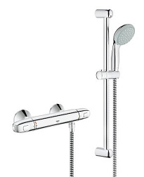 Настенный смеситель без излива Grohtherm 1000 серый/хром, с душевым гарнитуром, душевая штанга 600 мм, 1 функция, с лейкой, термостат, Grohe 34151003 Grohe