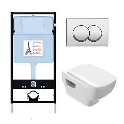 Комплект унитаза с инсталляцией Struktura глубина унитаза 54см, клавиша хром глянец, с микролифтом, безободковый, Jacob Delafon EDE103-CP Jacob Delafon