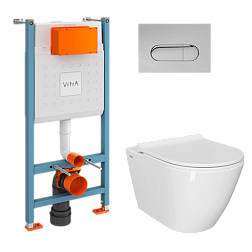 Комплект унитаза с инсталляцией Sanibelle глубина унитаза 54см, клавиша хром глянец, с микролифтом, безободковый, Vitra 9878B003-7200 Vitra