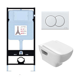 Комплект унитаза с инсталляцией Struktura клавиша глянец, глубина унитаза 48см, клавиша белая, с микролифтом, безободковый, Jacob Delafon EDF103-00 Jacob Delafon