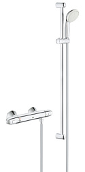 Настенный смеситель без излива Grohtherm 1000 белый/хром, с душевым гарнитуром tempesta new ii, штанга 900 мм, 1 функция, с лейкой, термостат, Grohe 34256004 Grohe