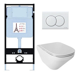 Комплект унитаза с инсталляцией Modern Life глянцевая, глубина унитаза 54см, клавиша белая, с микролифтом, безободковый, быстросъемное, Jacob Delafon E21775RU-00 Jacob Delafon