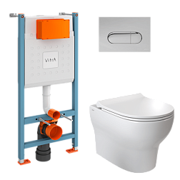 Комплект унитаза с инсталляцией Zentrum round, глубина унитаза 52см, клавиша хром глянец, с микролифтом, безободковый, Vitra 9879B003-7200 Vitra