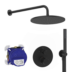 Готовый набор для душа (без излива) Ceratherm T100 матовый, 1 режим верхней лейки, 1 режим ручной лейки, 30 см, round, 2 функции, чёрный цвет, термостат, Ideal Standard A7573XG Ideal Standard