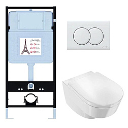 Комплект унитаза с инсталляцией Odeon Rive Gauche глянцевая, глубина унитаза 54см, клавиша белая, с микролифтом, безободковый, быстросъемное, Jacob Delafon EDR103-00 Jacob Delafon